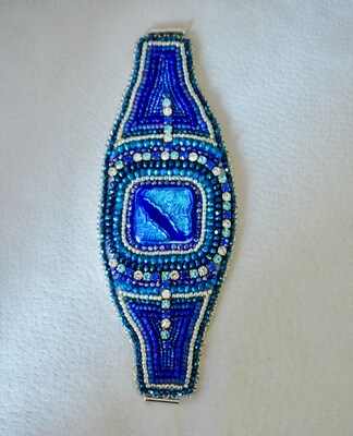 Blue and Silver Dichroic Beaded Cuff Bracelet, handmade, elaborate beading. Gift for a woman! One of a kind. - image1
